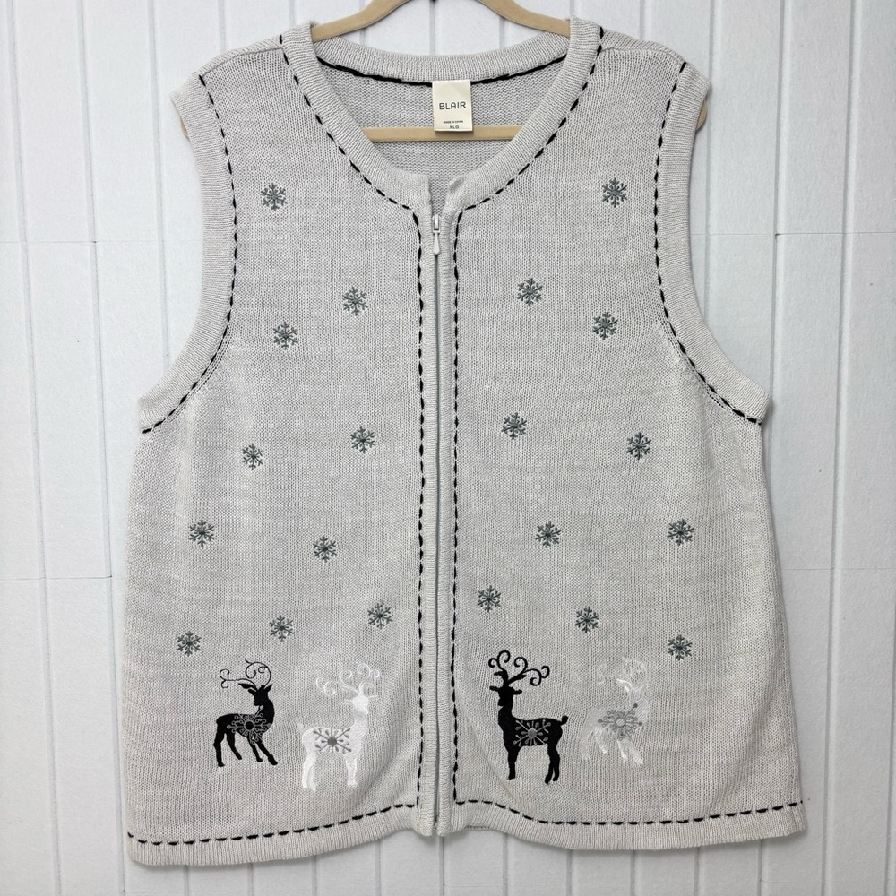 Blair Light Gray Vintage Reindeer Knit Sweater Vest Christmas  size‎ XLG